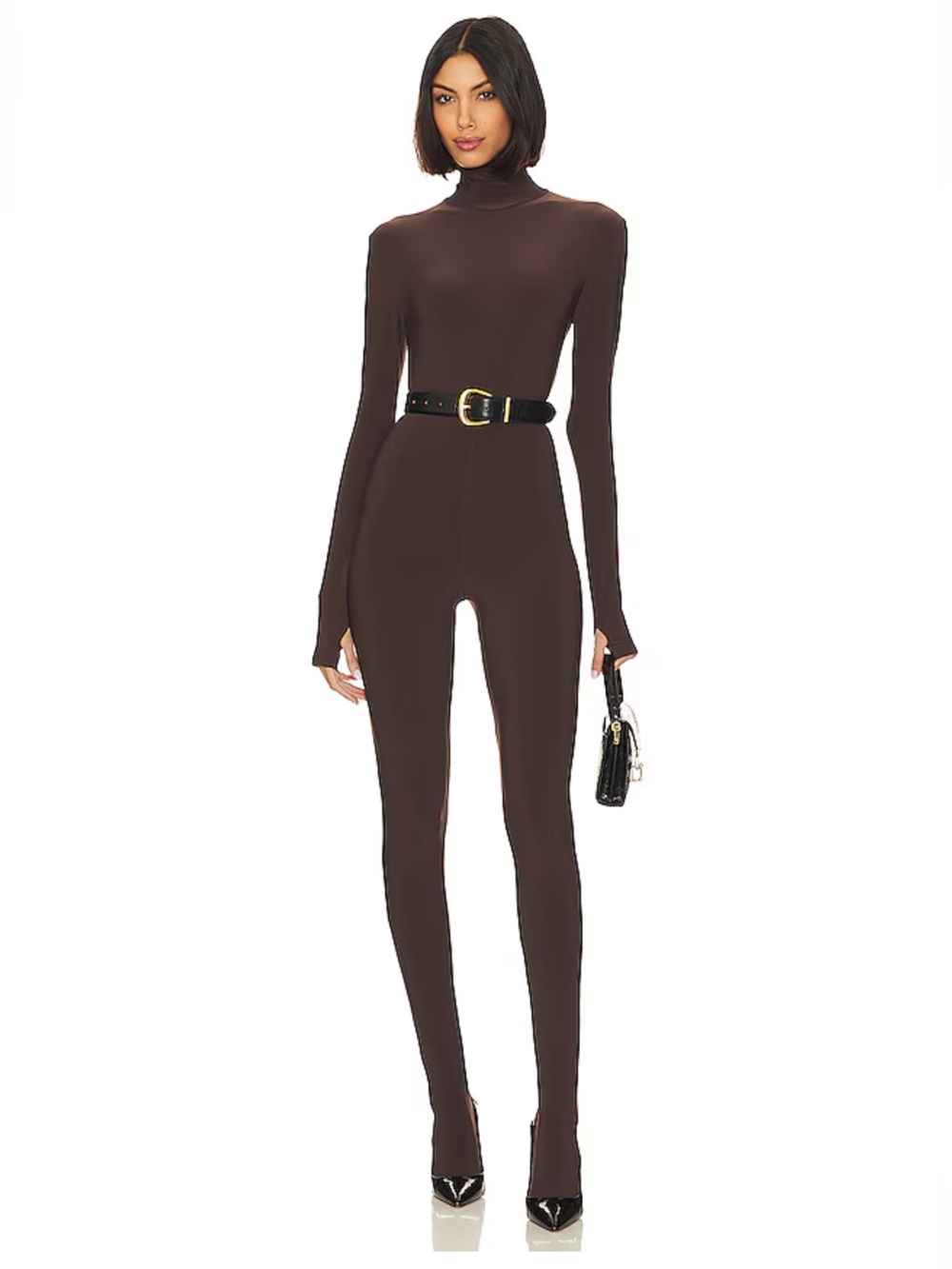 Norma Kamali Slim Fit Turtle Catsuit With Footsie in Chocolate XS